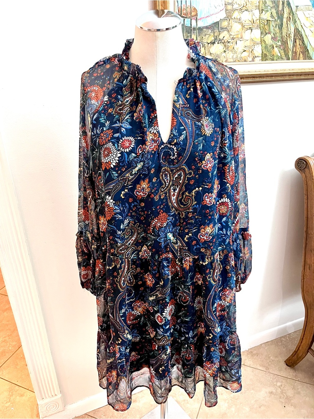 1. State Navy Paisley Floral Long-Sleeve Tiered Dress